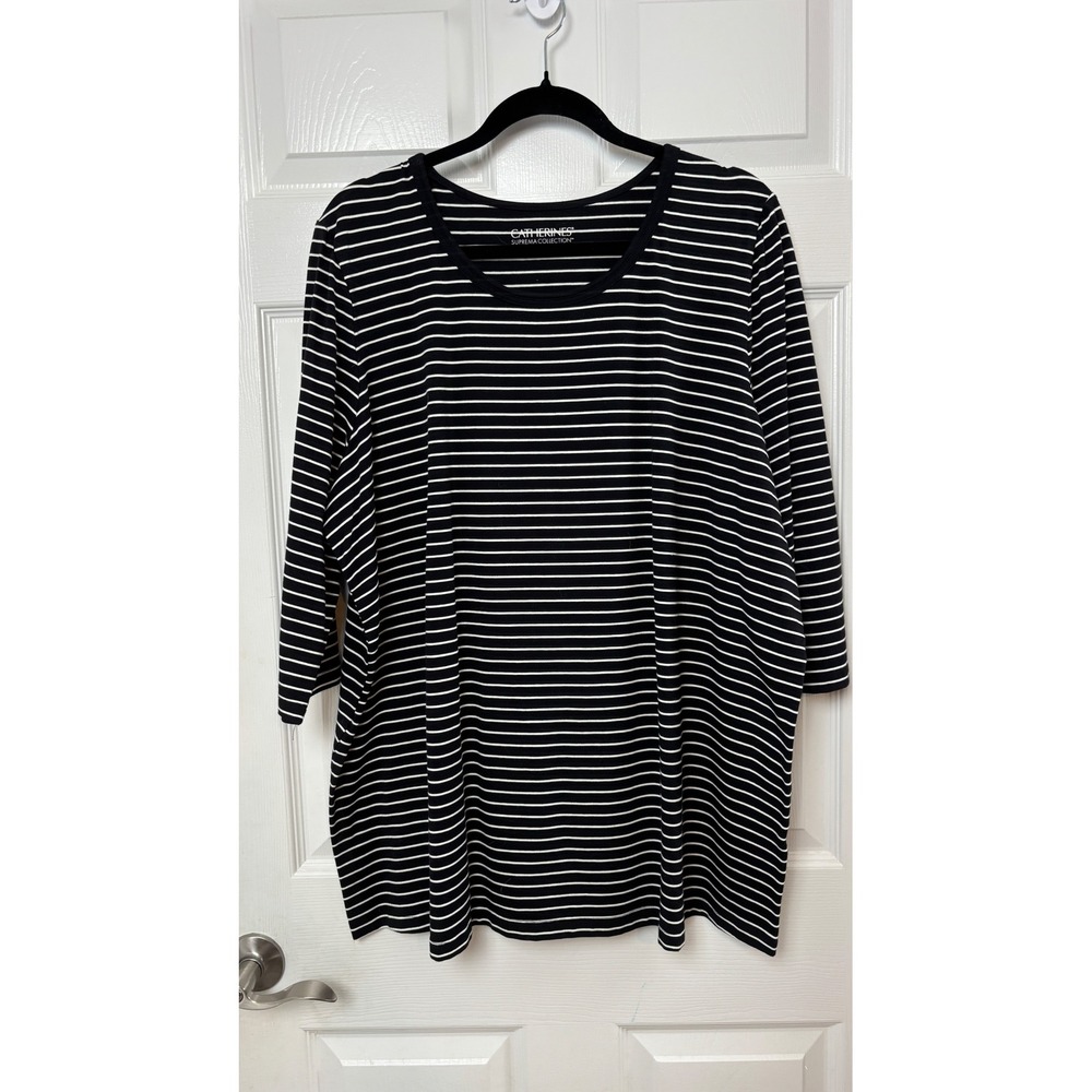 Catherines Suprema Collection Black White Striped 3/4 Sleeve Top 1X 18/20W